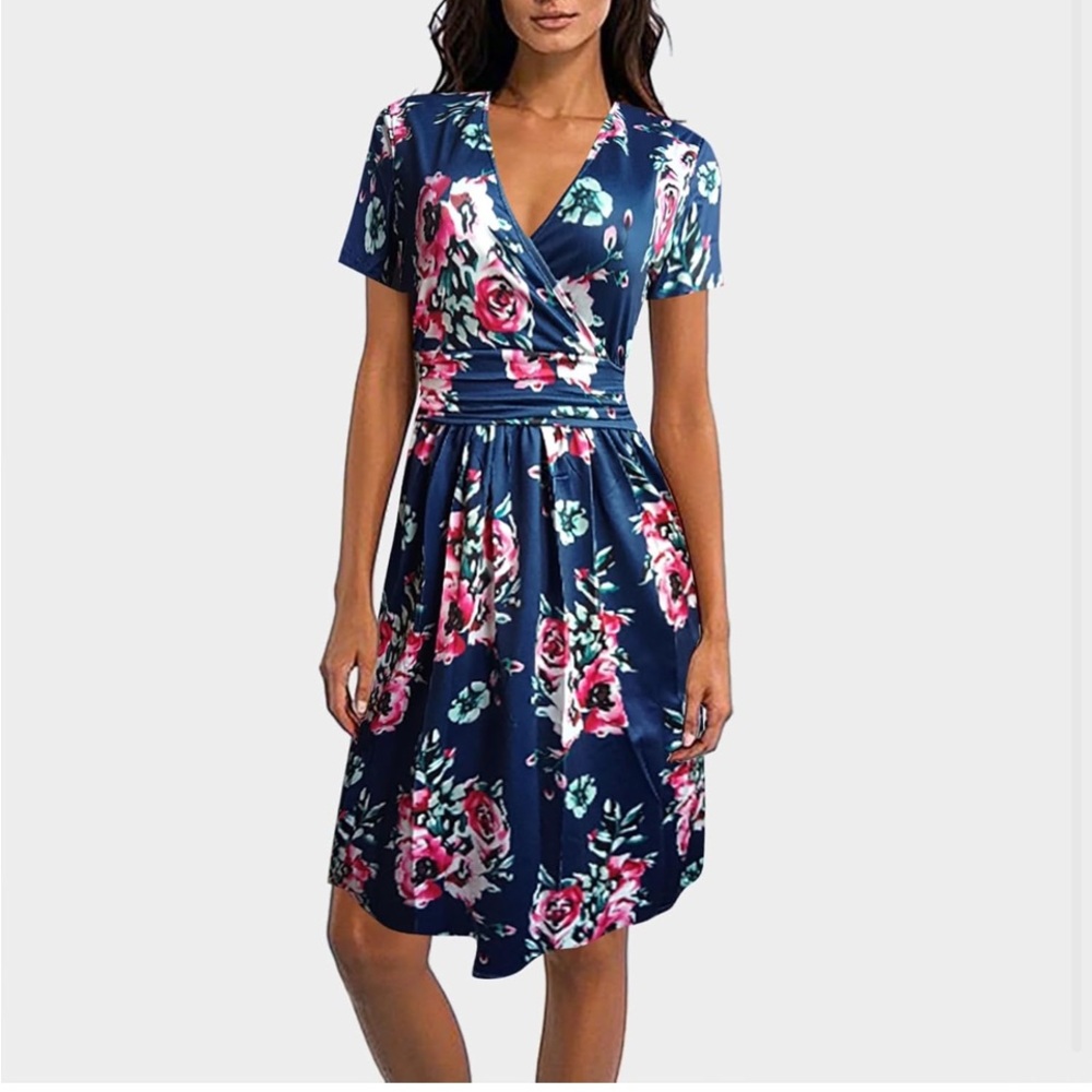 Floral Wrap Midi Dress in Navy and Pink  Size medium.